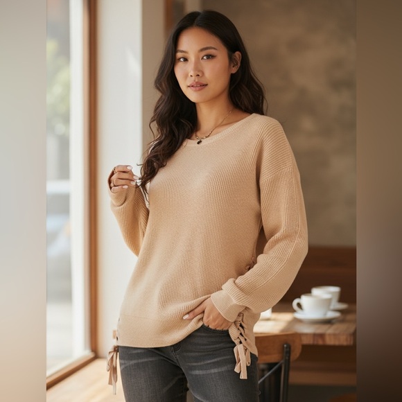 NEW•1X/2X•OLIVIA LACE UP HEMLINE OATMEAL SWEATER•NWT - Picture 3 of 6